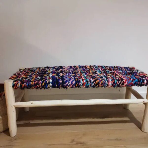 Banc Bouchrouit en Bois Massif avec Assise Tressée – Finition Naturelle – Image 3