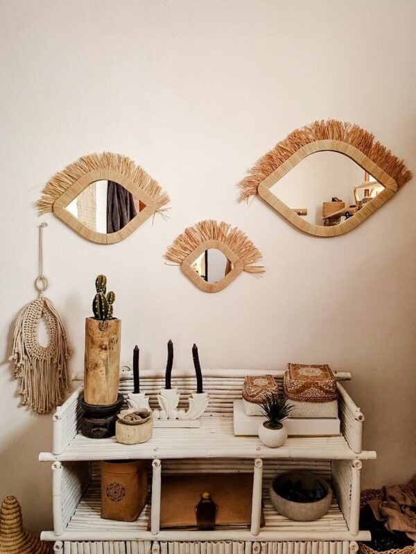Miroirs Muraux en Forme d’Oeil avec Contour en Raphia