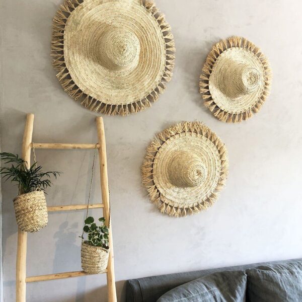 Seri de 3 Chapeau en Feuille de Palmier avec Franges en Raphia